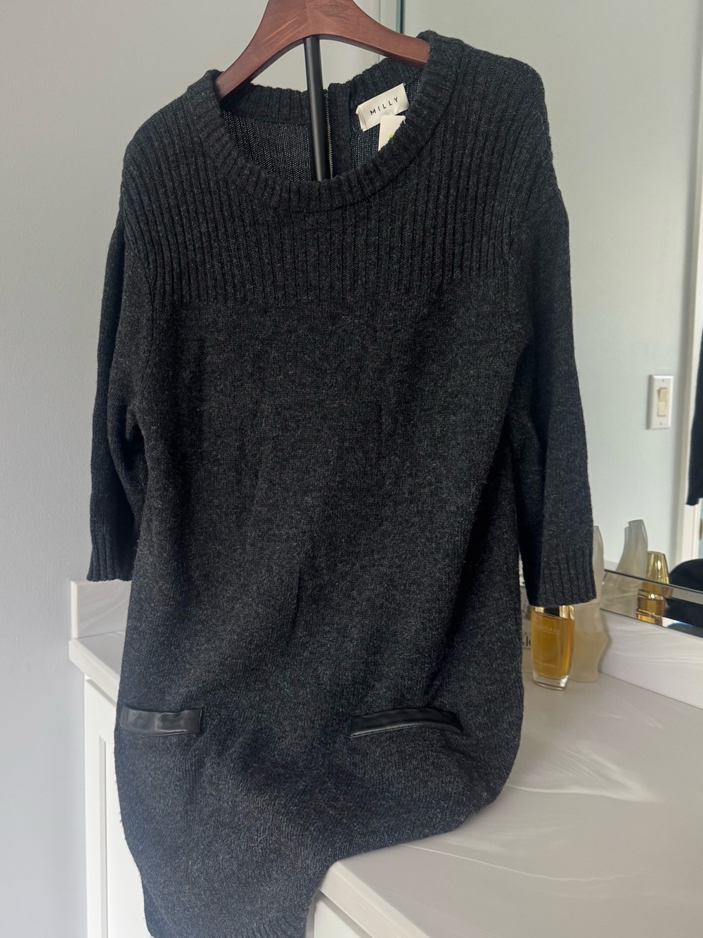 Milly of New York Charcoal Black Ribbed Yoke Sweater Dress Tunic